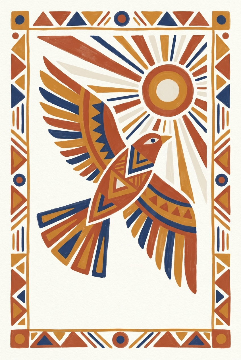 Sunbird folk art print with bird and sun in terracotta and indigo