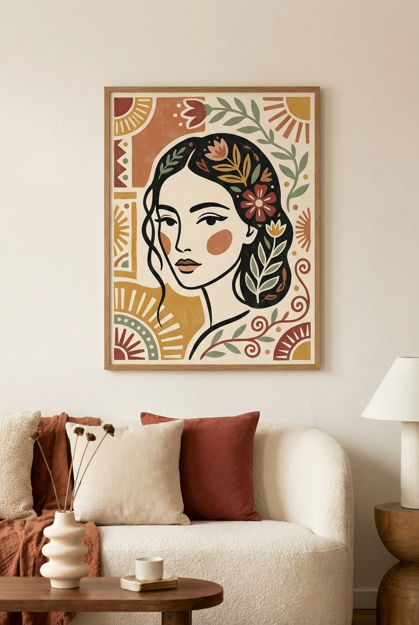 Terracotta-toned folk art portrait