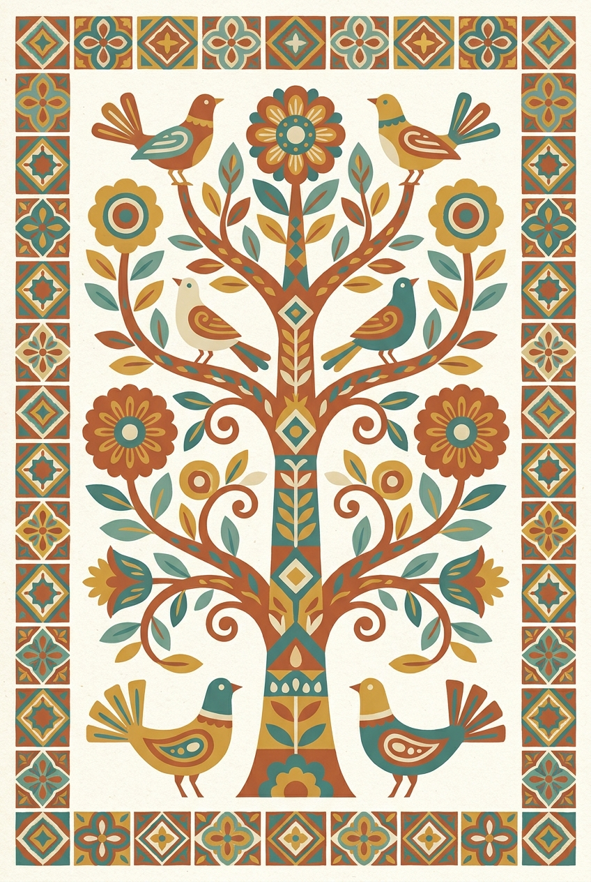 Folk art tree of life with birds and flowers