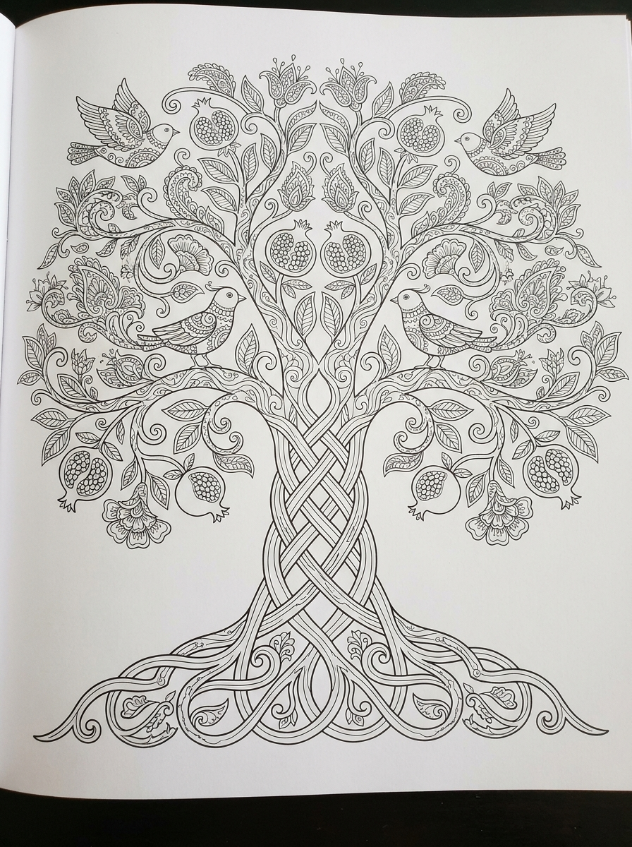 Intricate folk art tree of life line drawing