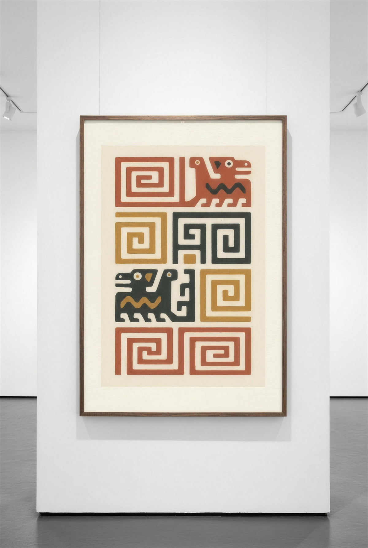 Geometric folk art print in a small styled space